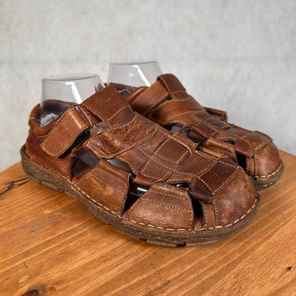 Born Fisherman Sandals Mens 8 Brown Good Leather Caged M6504 Hook Loop Strap